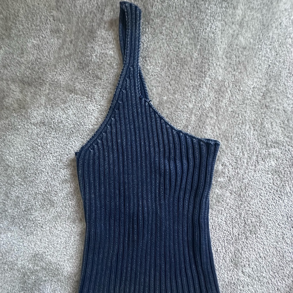 NBD Navy Ribbed One-Shoulder Top